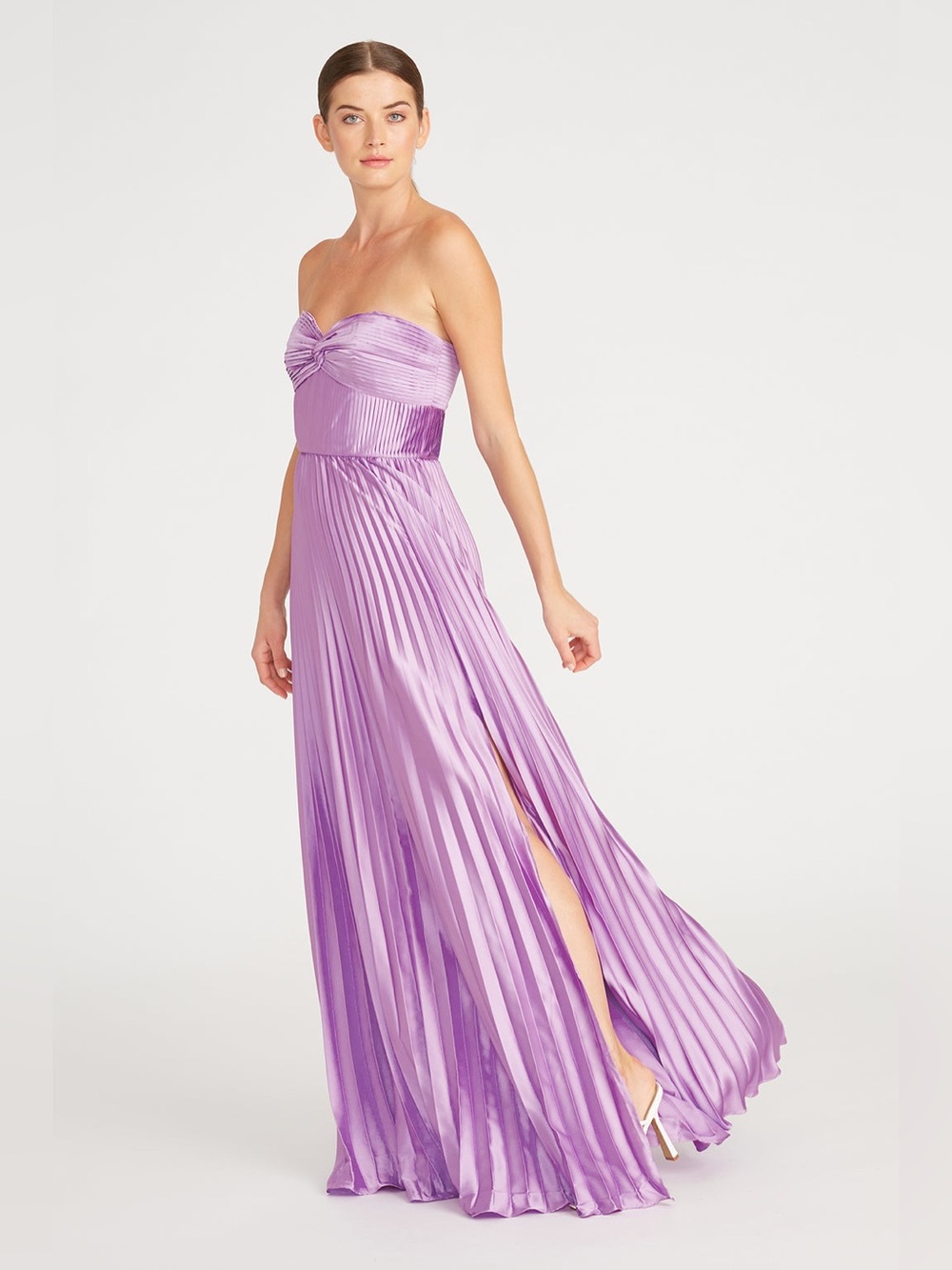 AMUR Stef Lilac Strapless Pleated Gown with Side Slit